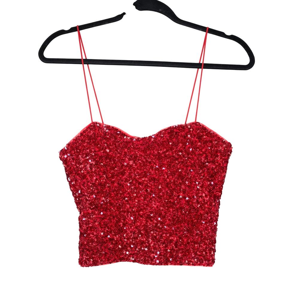 Alice + Olivia Red Sequin Cami Tank Crop Top Smocked Back Sparkly SZ 10